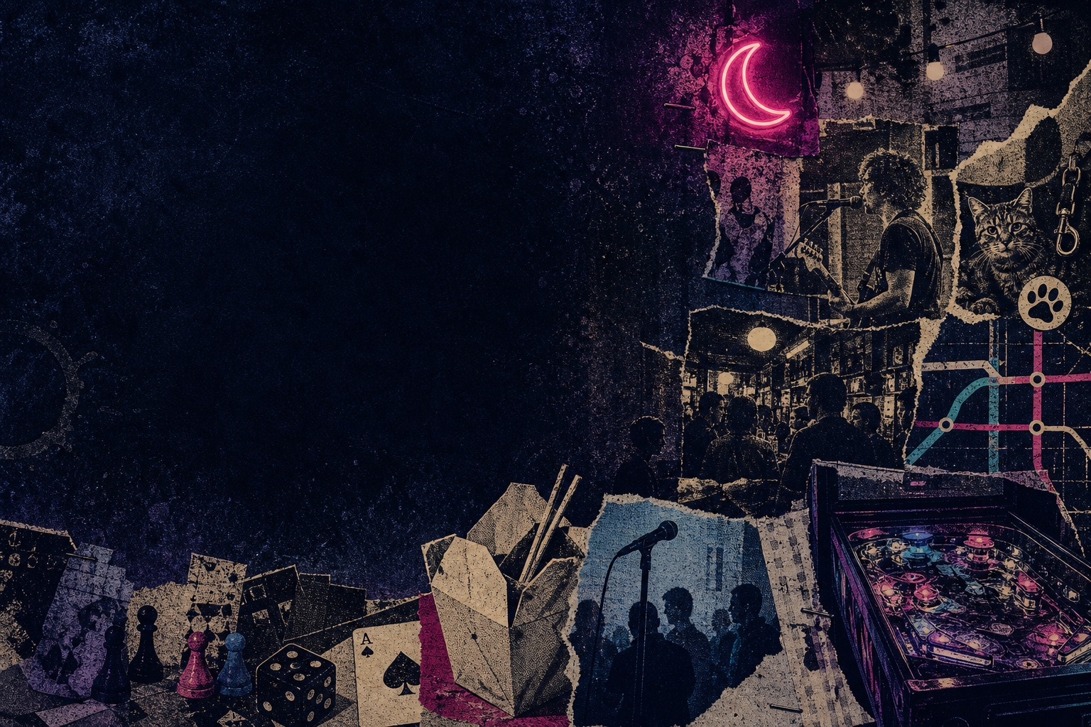Original gritty moonlit zine-collage illustration evoking a Seattle dive bar, pinball, music, and late-night posters.