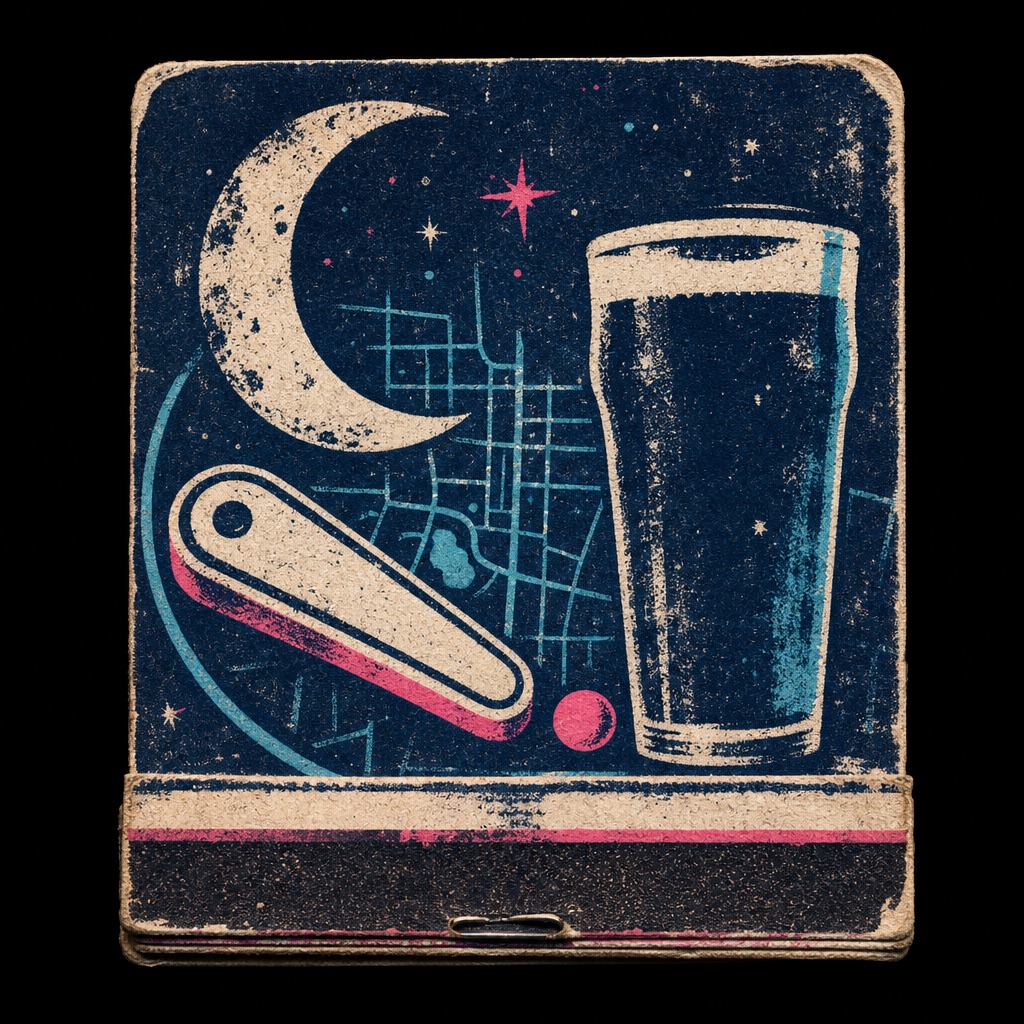 Original crescent moon coaster illustration with pint glass and pinball flipper.