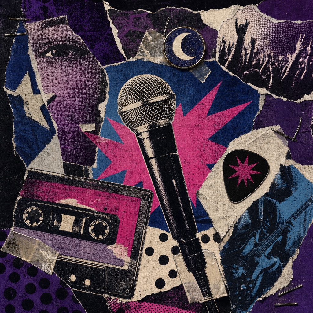 Original torn open-mic poster collage illustration with microphone, cassette, guitar, and moon pin.